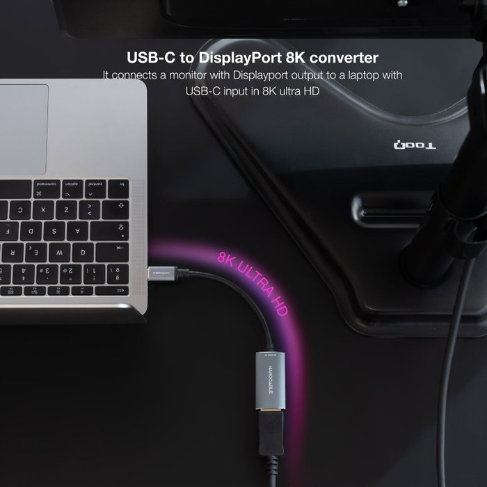 Nanocable Conversor USB-C a DisplayPort 8K Aluminio Gris, 15 cm